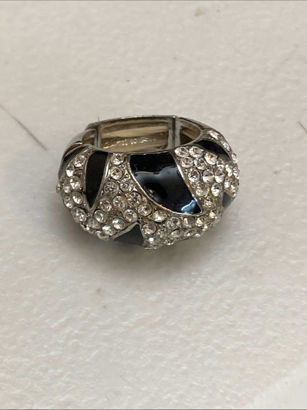 Black Enamel and Rhinestone Paved Dome Chunky Statement Cocktail Ring